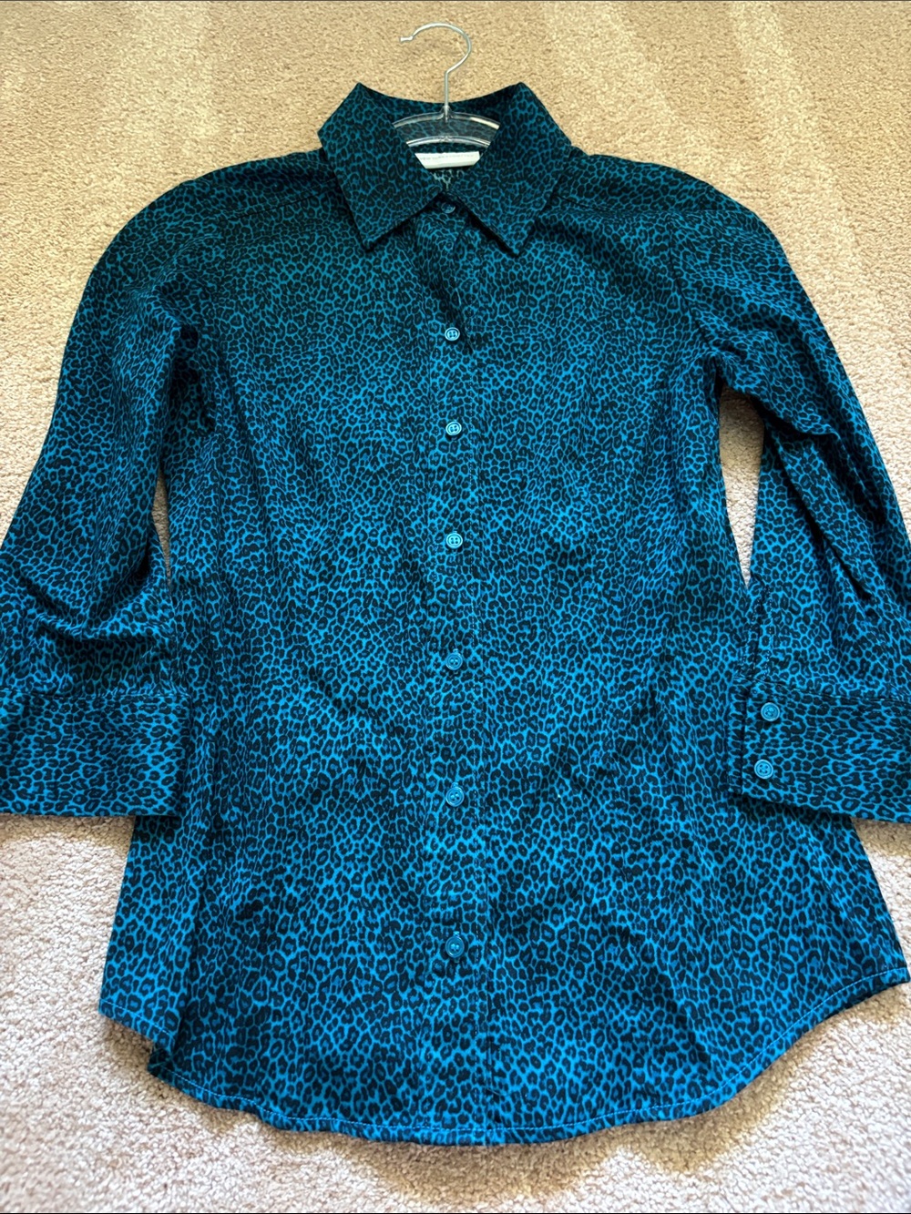 New York & Company Teal and Black Leopard Print Blouse